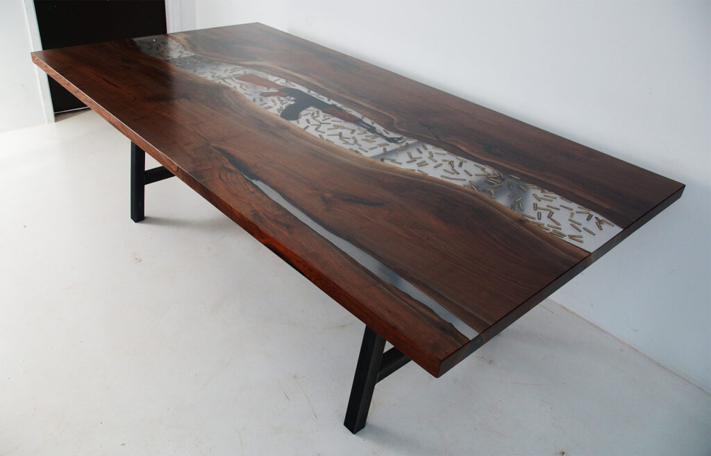 http://Conference%20Resin%20River%20Table%20With%20Embedded%20Firearm%20And%20Bullets%206