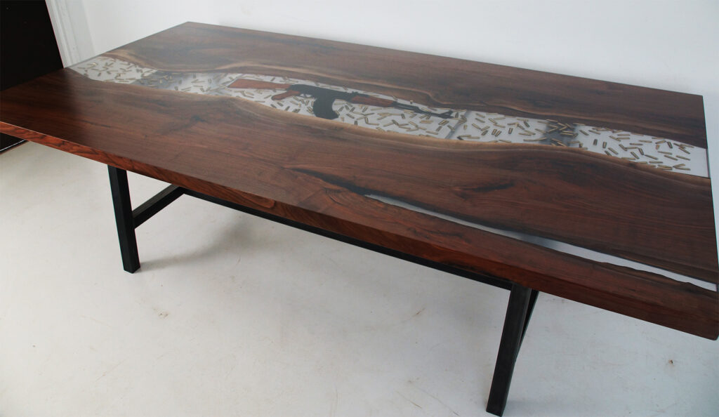 http://Conference%20Resin%20River%20Table%20With%20Embedded%20Firearm%20And%20Bullets%205