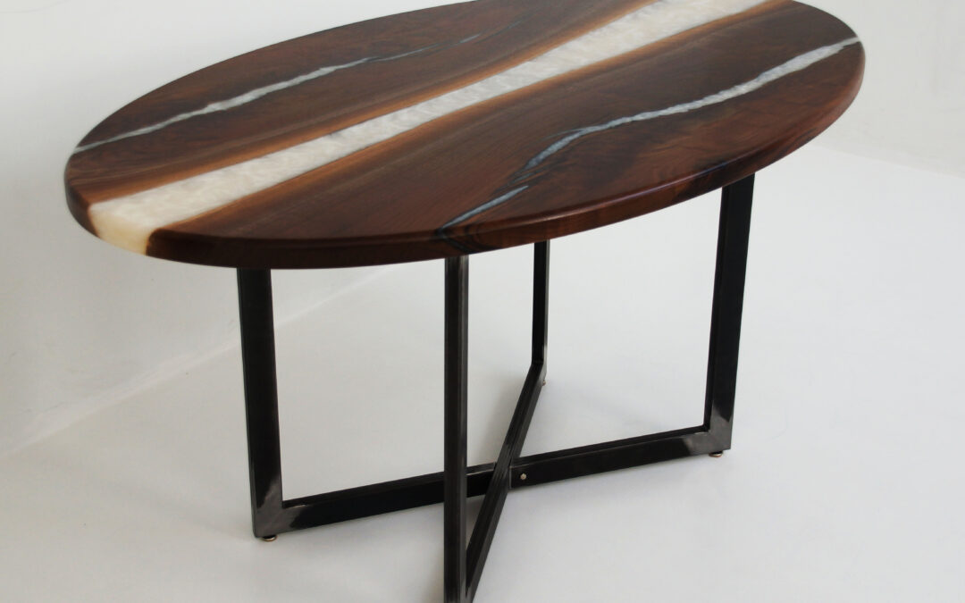 Oval Walnut Table With White Pearl Resin