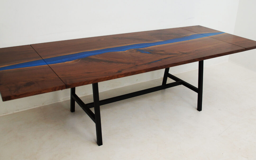 LED Lit Walnut River Table With Leaf Extensions