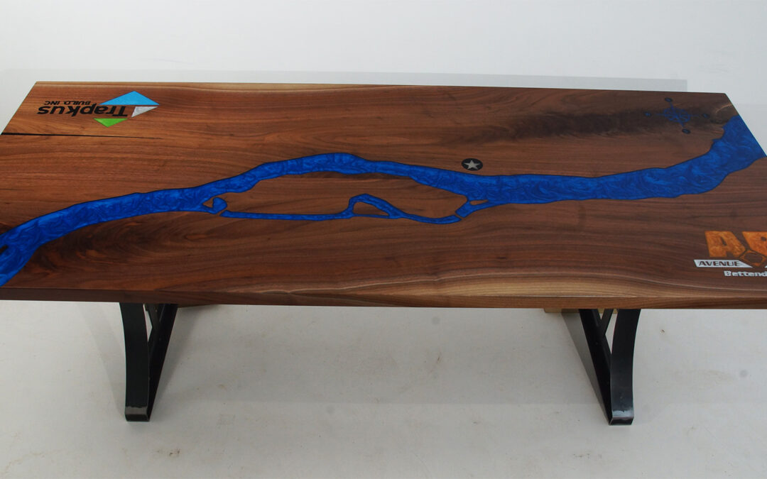 Walnut Conference Table With CNC Mississippi River And Epoxy Resin Logo