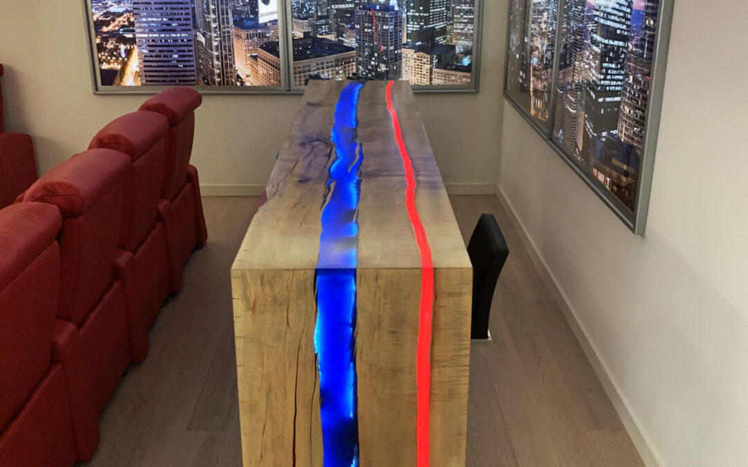 Red And Blue Epoxy Waterfall Bar Top Table with LED Lights