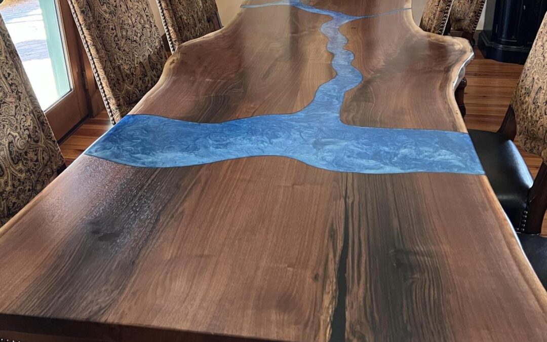 Epoxy River Dining Table with CNC-Engraved Mountain Lakes