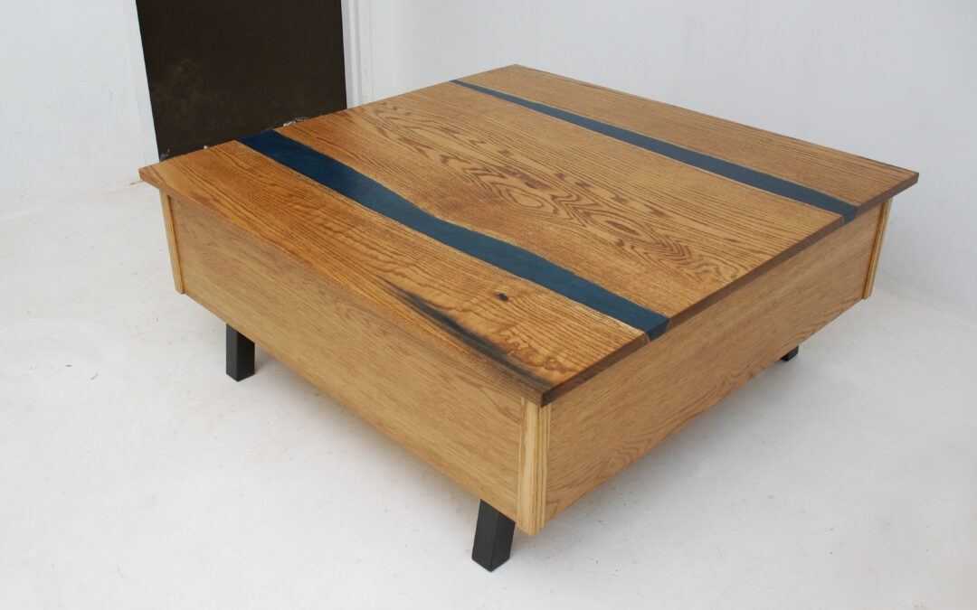 Custom Blue Epoxy River & Oak Lift-Top Coffee Table