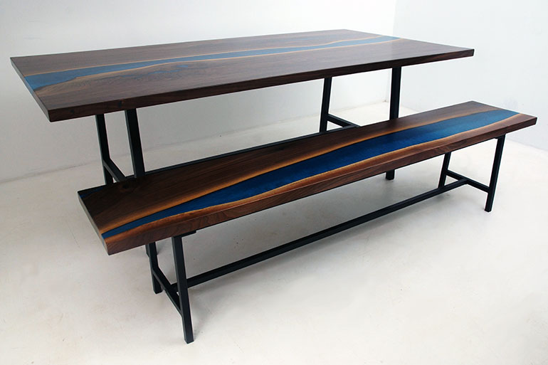Walnut Epoxy River Picnic Table With Lights & Matching Bench