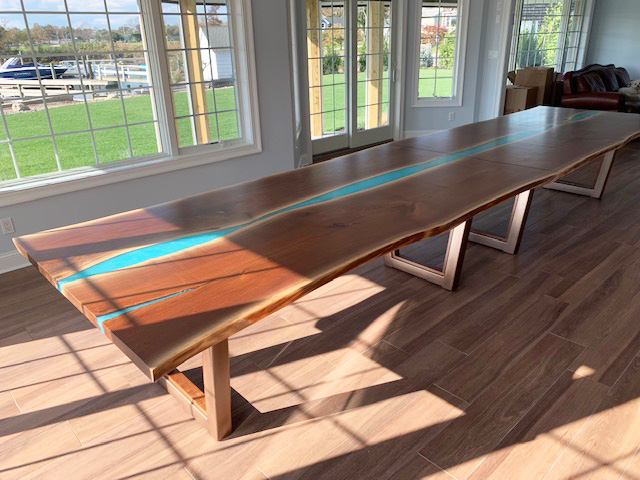 16′ Live Edge Walnut Conference Table With Blue Epoxy