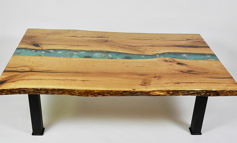 Live Edge Epoxy River Seashell Coffee Table