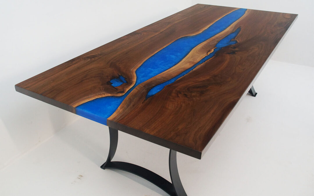 Blue Epoxy Walnut Dining Table with River