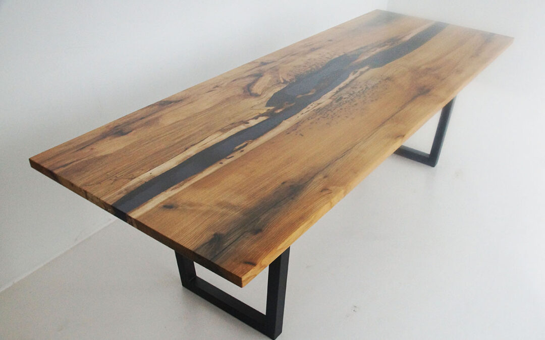 Distressed Hickory Dining Room Table With Translucent Black Epoxy River
