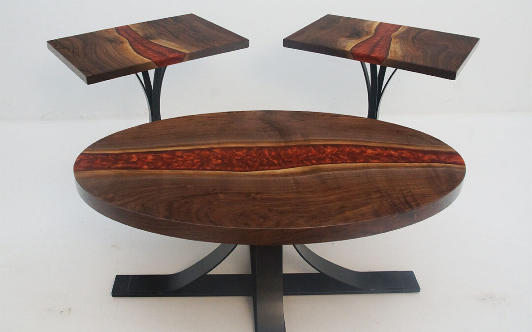 Walnut River Coffee Table And Side Table Set With Copper & Red Resin
