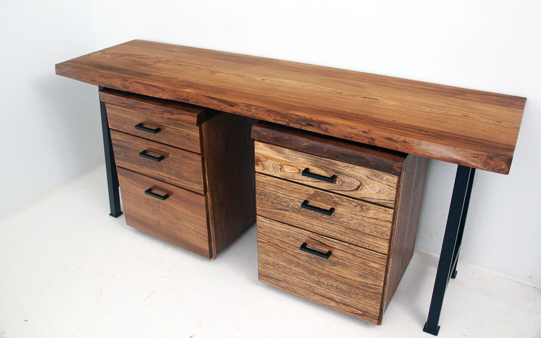 Live Edge Elm Wood Slab Home Office Desk With Matching Rolling Cabinets