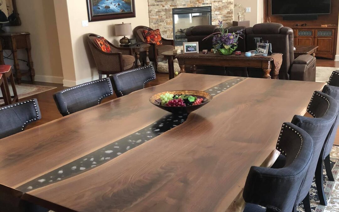 Custom Live Edge Black Epoxy Dining Table With Crystals