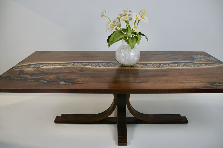 Walnut Dining Table With Clear Epoxy River And Rocks