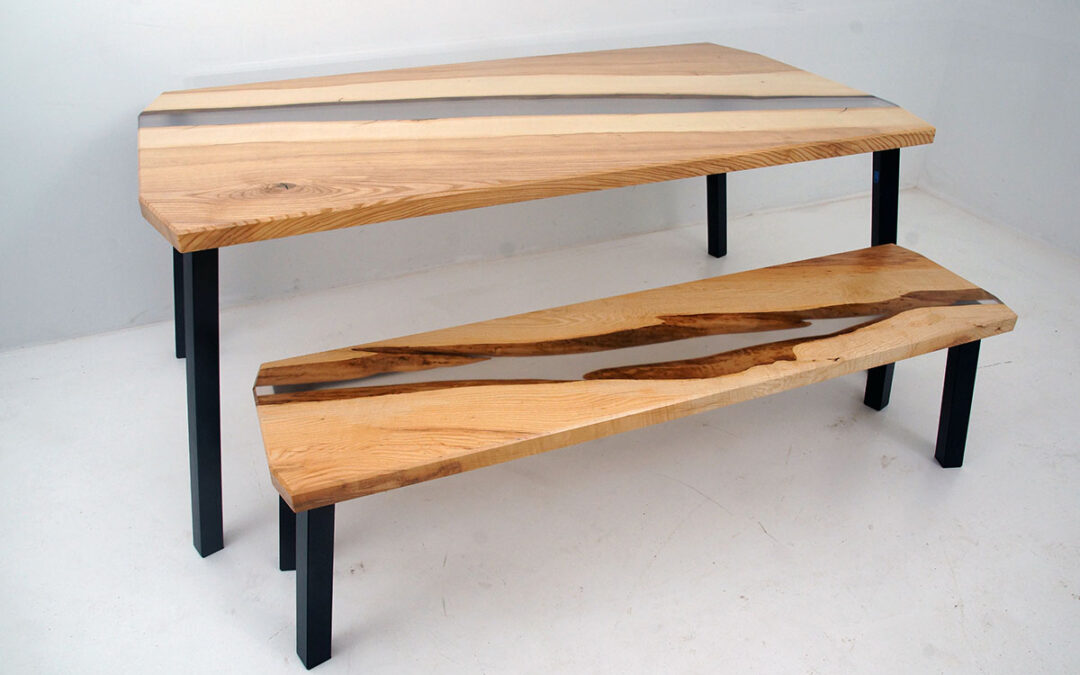 Clear Epoxy River Desk Table And Matching Bench