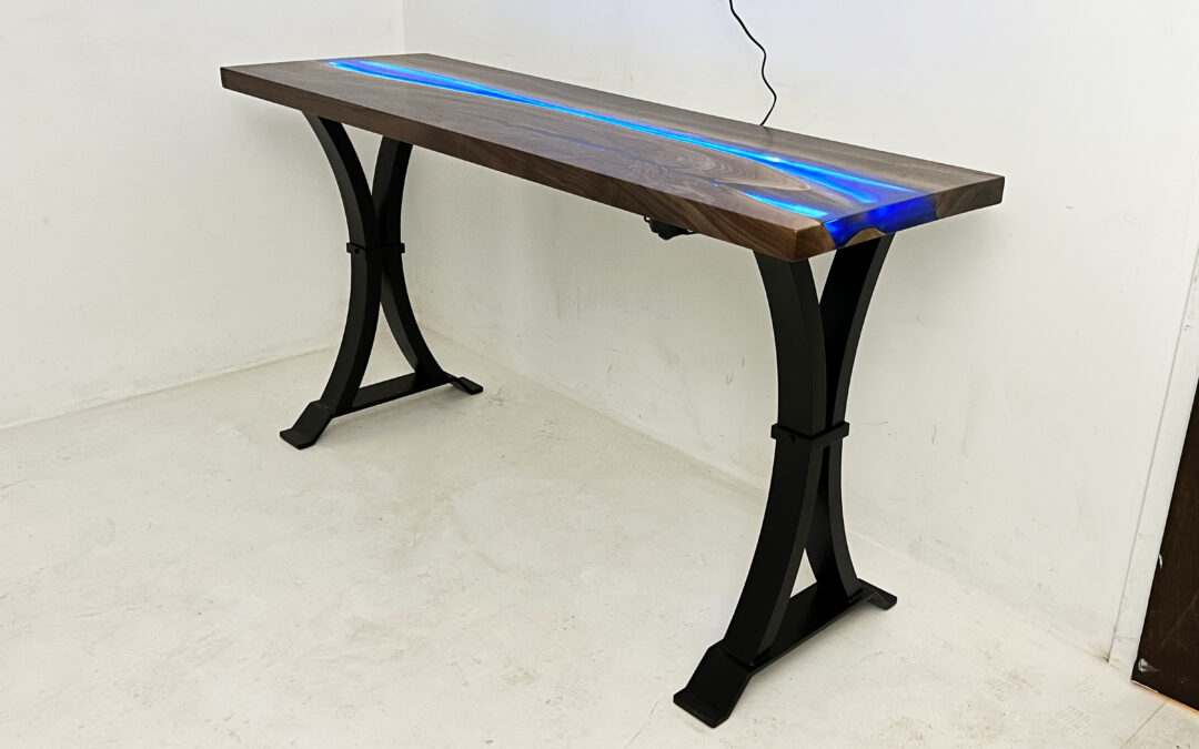 Deep Blue Epoxy River Sofa Table with LED Lights