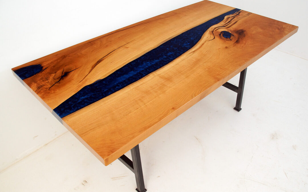 Cherry Wood Dining Table  With Deep Blue Resin River