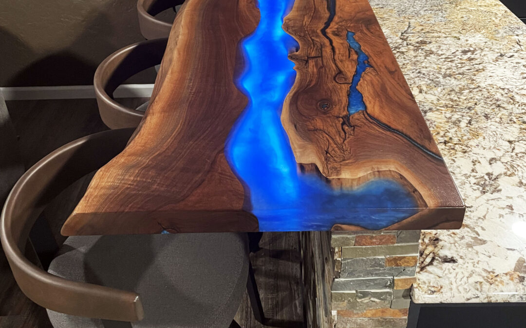 Live Edge Walnut Countertop With LED Lights & Blue Epoxy