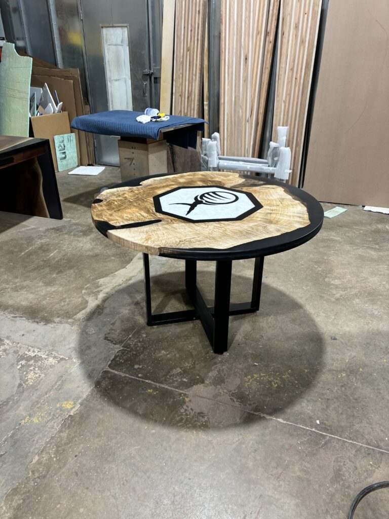 http://Round%20Mappa%20Burl%20Conference%20Table%20With%20Logo%203