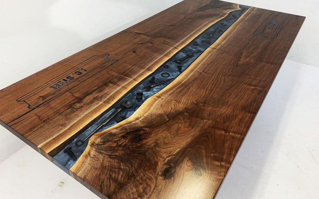 Walnut Conference River Table With Embedded Tools And CNC Logo