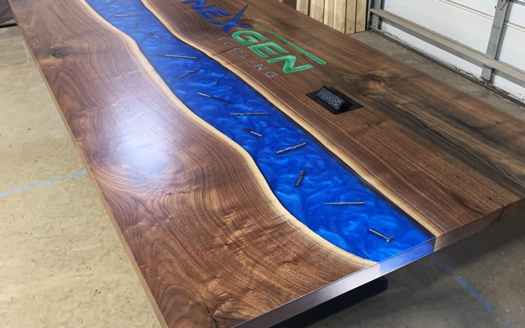 River Conference Table With Logo And Embedded Tools