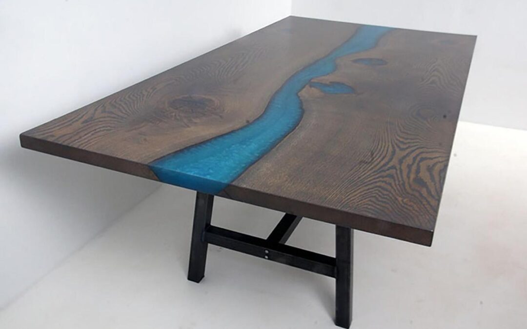 Custom Stained Oak Blue Epoxy River Dining Room Table