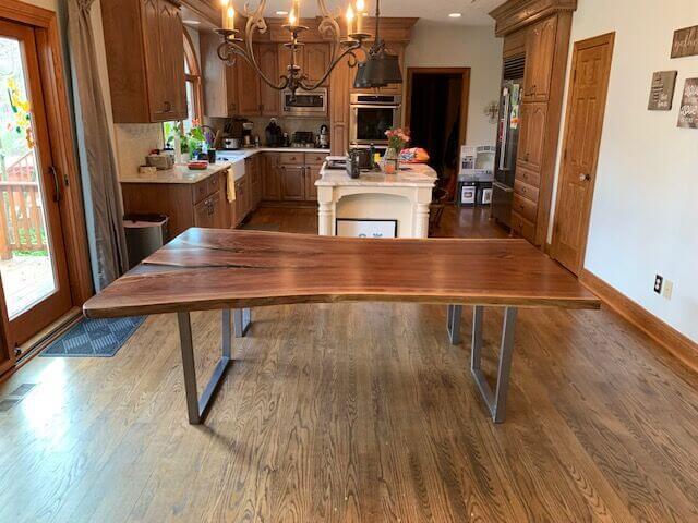 Live Edge Dining Table And Bench With Clear Epoxy