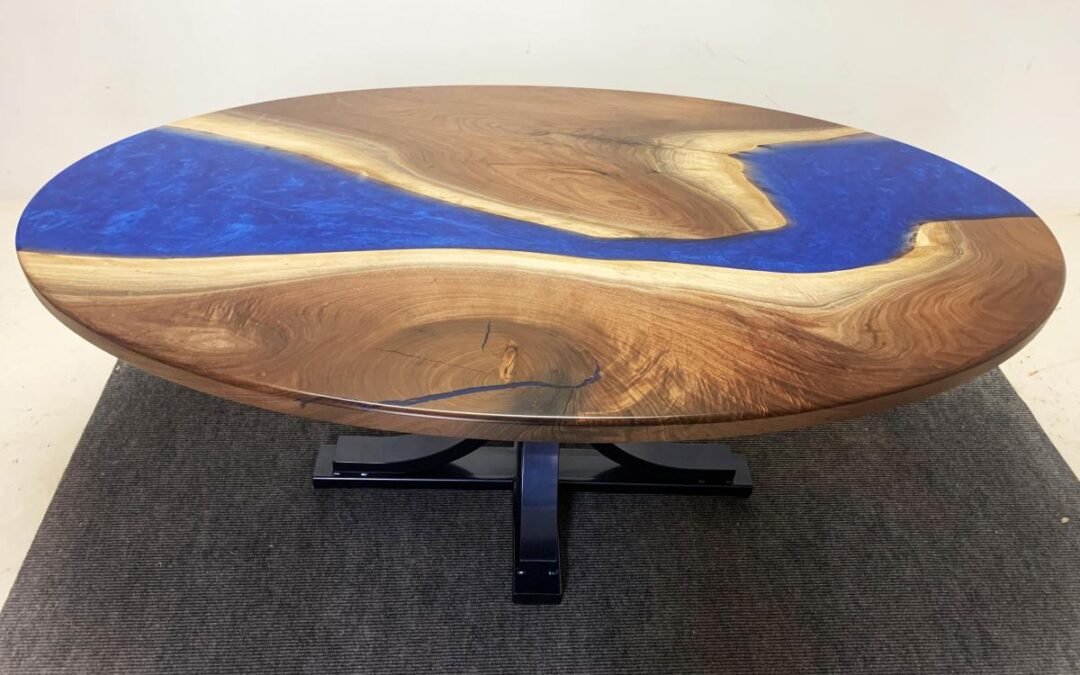 Oval Walnut Dining Table With Blue Steel Base
