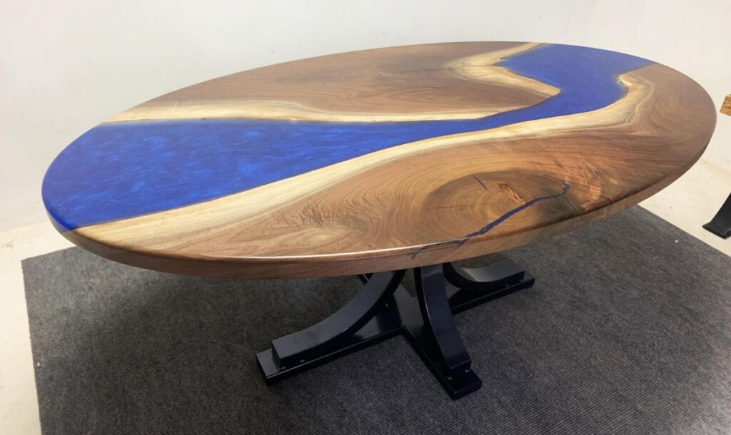 http://Oval%20Walnut%20Dining%20Table%20With%20Blue%20Steel%20Base%203