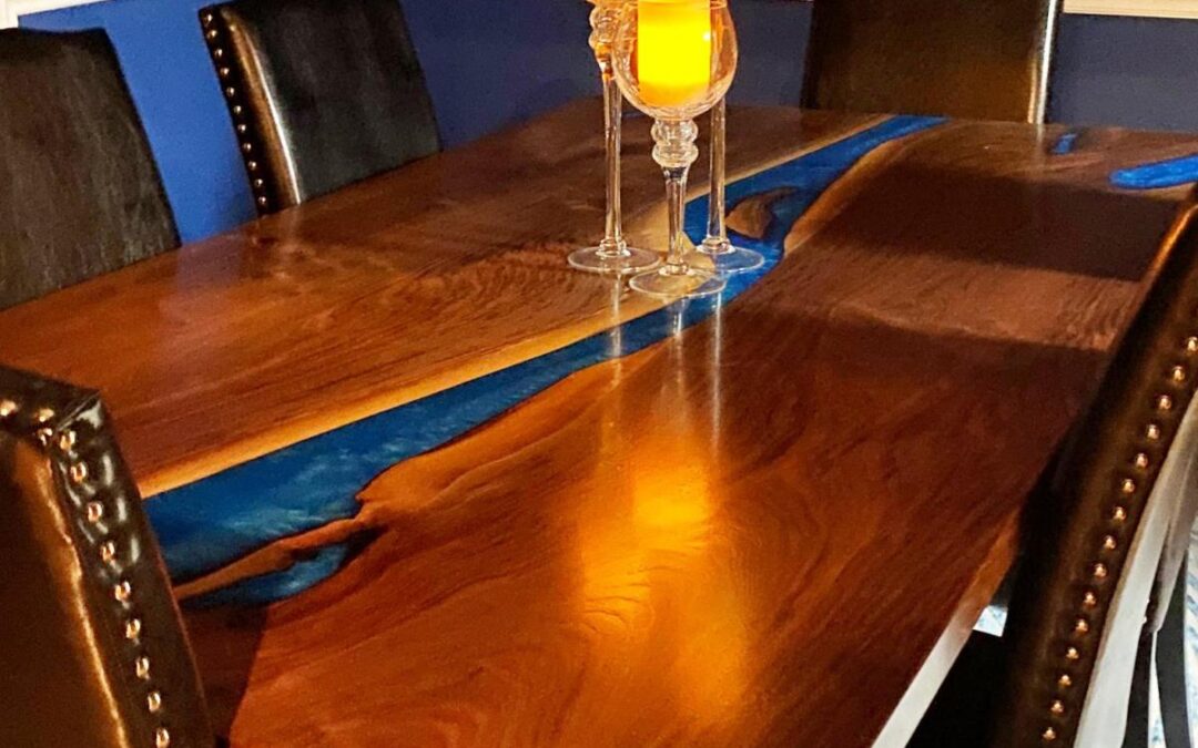 Walnut Dining Table With Blue Epoxy Resin River