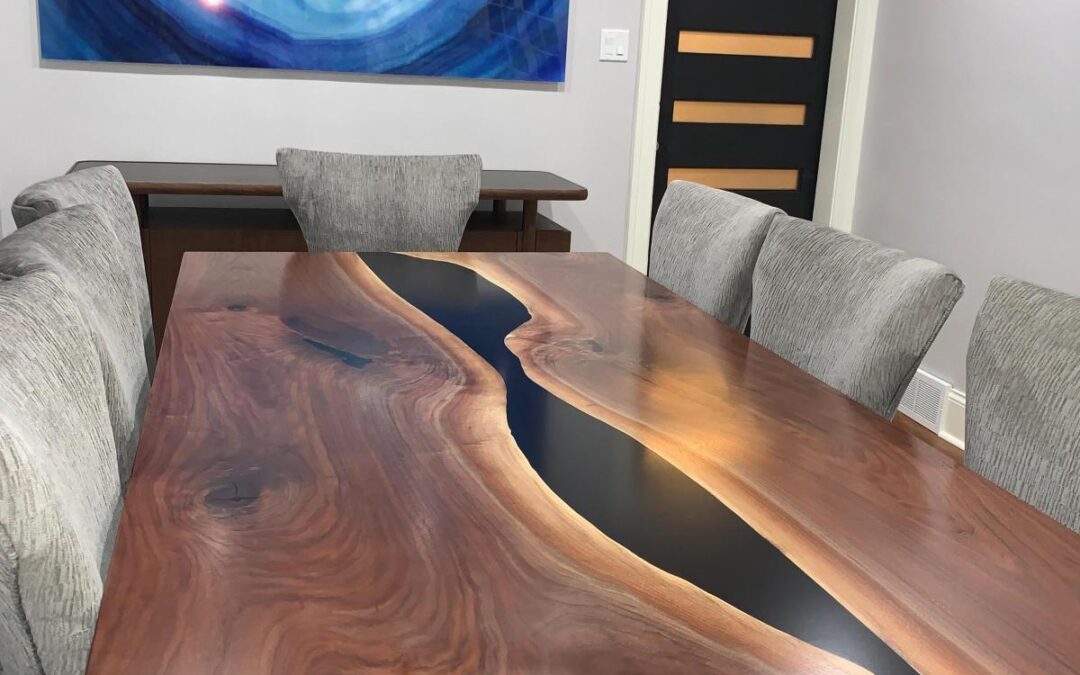 Large Black Walnut Dining Room Table with Black Epoxy River
