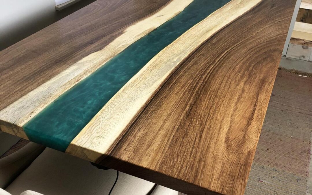 Custom Live Edge Green Epoxy Resin River LED Backlit Dining Table