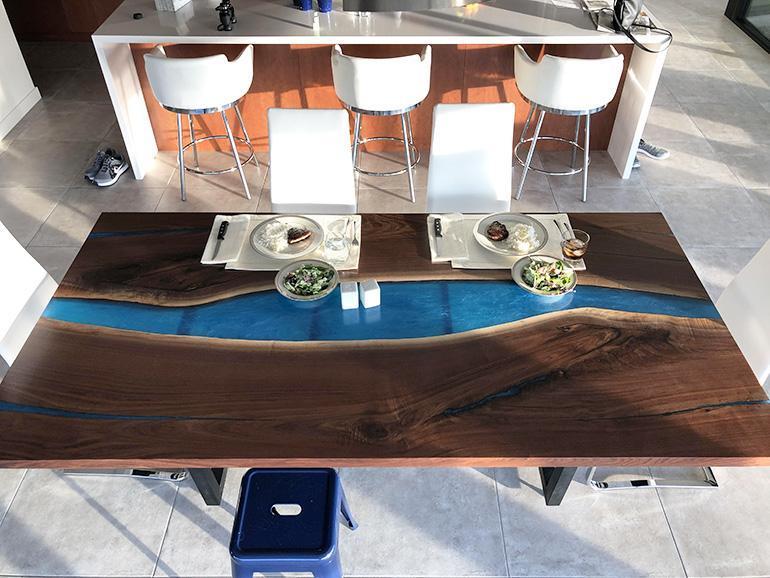 Black Walnut Kitchen Table With Blue Epoxy River & LED Lights