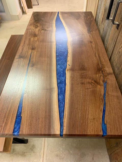Walnut Blue Epoxy River Dining Table & Live Edge Bench