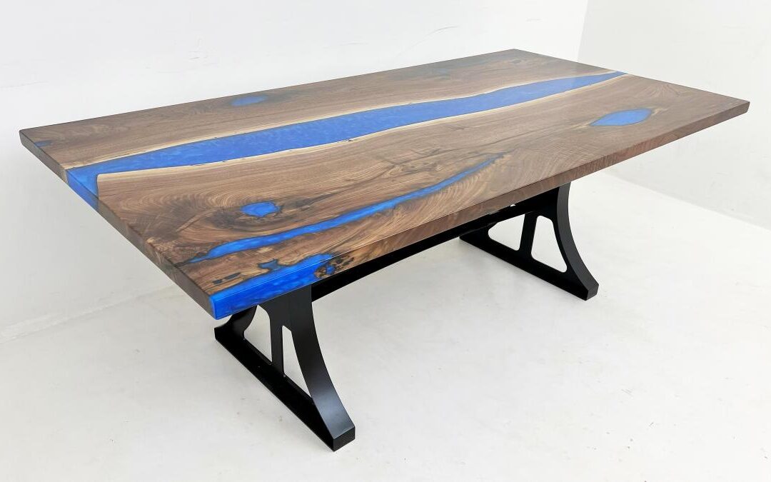 Blue Epoxy & Walnut River Dining Table