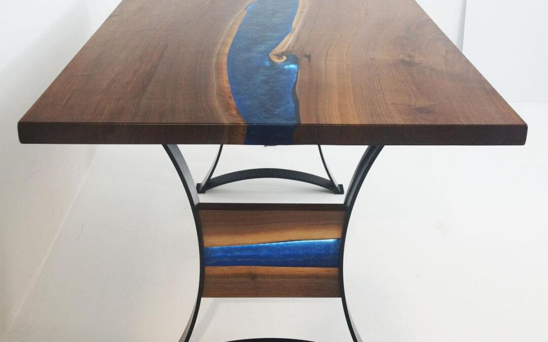 Blue Epoxy River Dining Table With Epoxy Legs and LED Lights