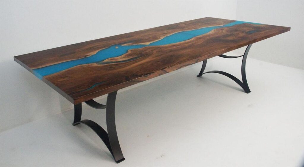 http://Walnut%20Live%20Edge%20Kitchen%20Table%20With%20Teal%20Epoxy%20Resin%20River%201