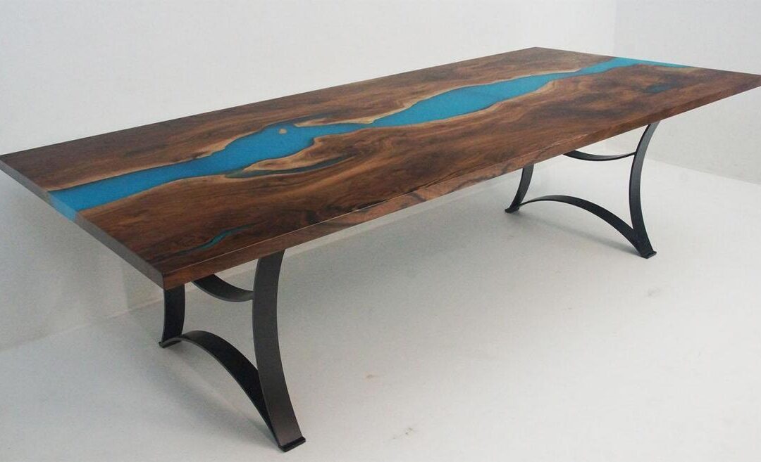 Walnut Live Edge Kitchen Table With Teal Epoxy Resin River