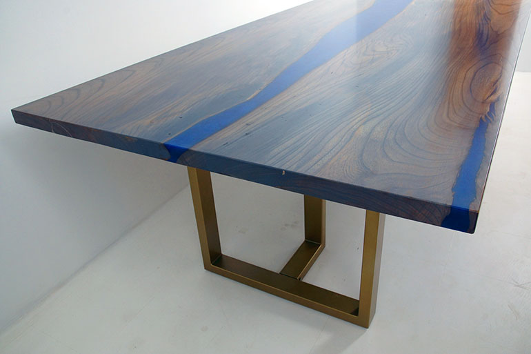 Hickory Dining Room Table With Blue Epoxy Resin River