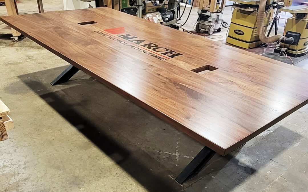 Walnut Conference Table With CNC Logo And Cable Grommets