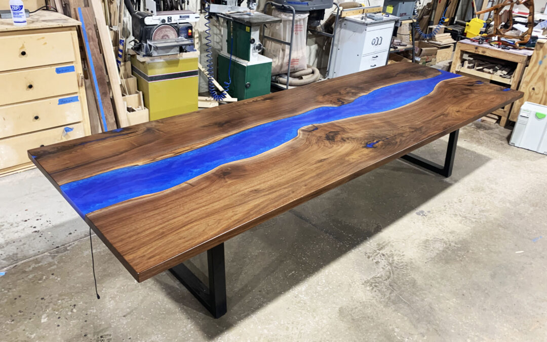 Walnut And Blue Resin Conference Table With LED Lights