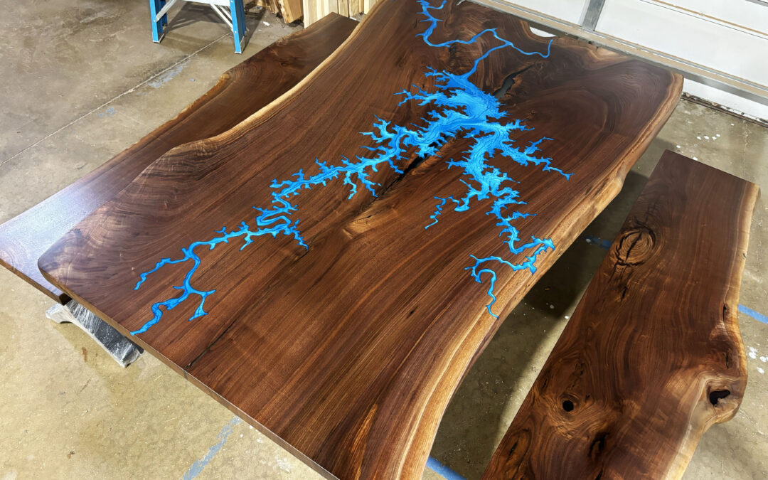 Walnut Dining Table With Bench Featuring Smith Mountain Lake CNC
