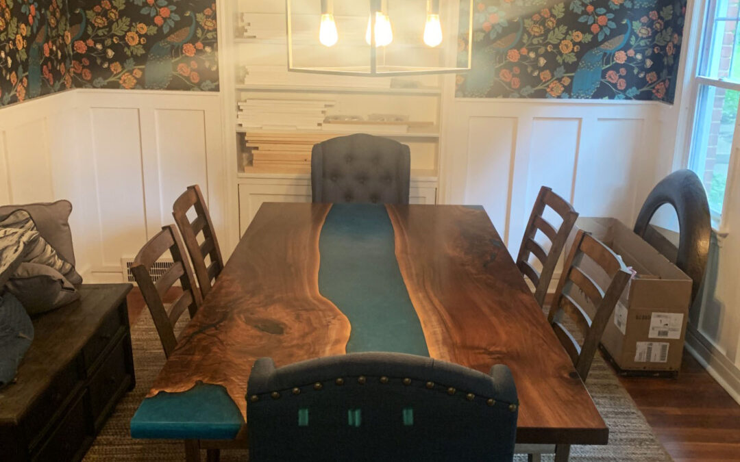 Walnut Dining Table With Turquoise Resin And LED Lights