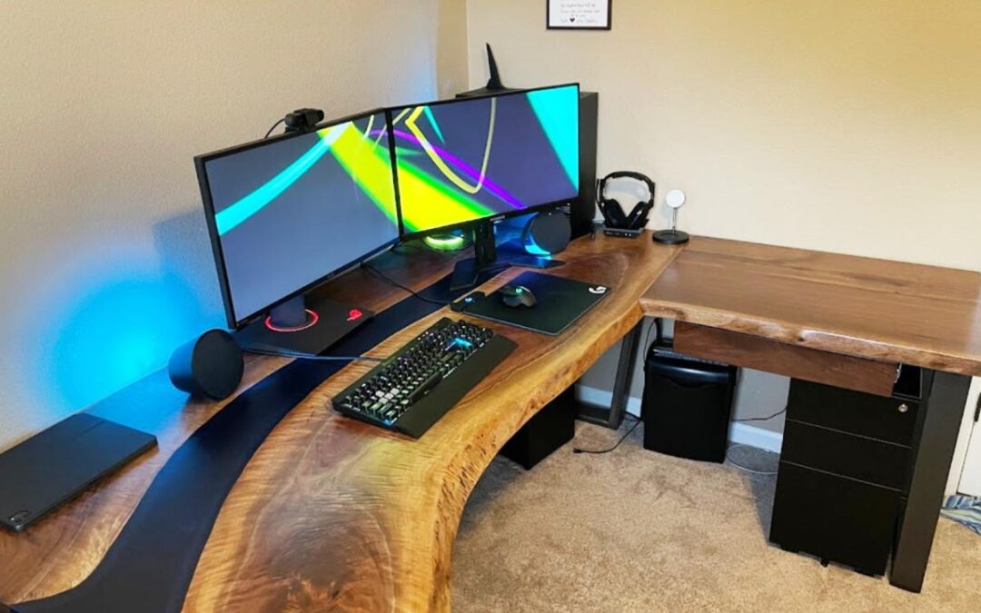 Dark Blue Epoxy & L-Shaped Walnut Desk