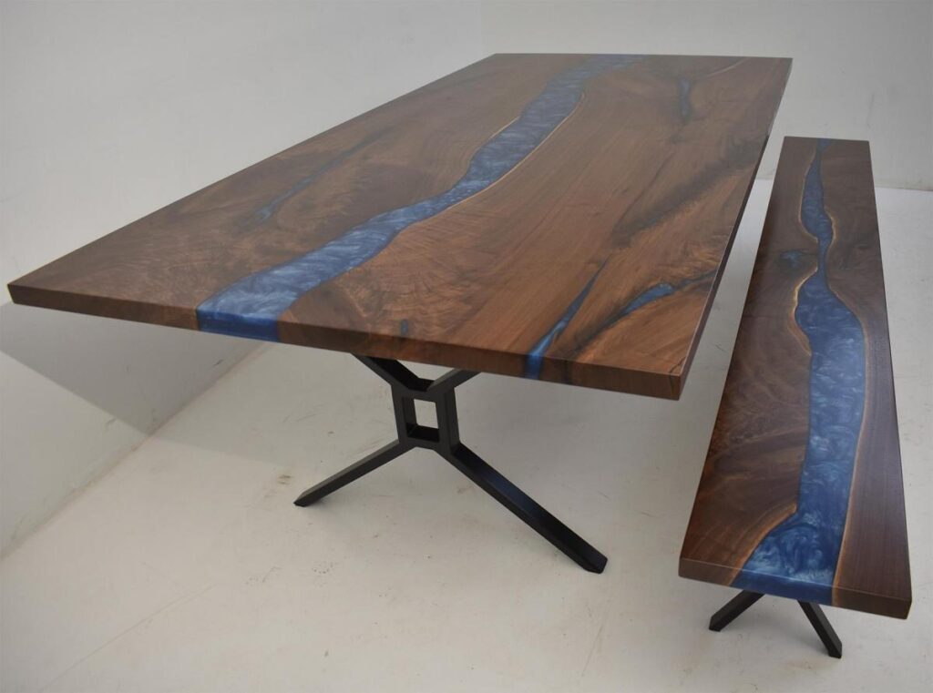 http://Blue%20Epoxy%20Resin%20River%20Custom%20Dining%20Bench%20&%20Table%207