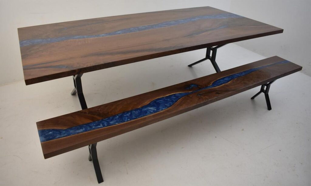 http://Blue%20Epoxy%20Resin%20River%20Custom%20Dining%20Bench%20&%20Table%205