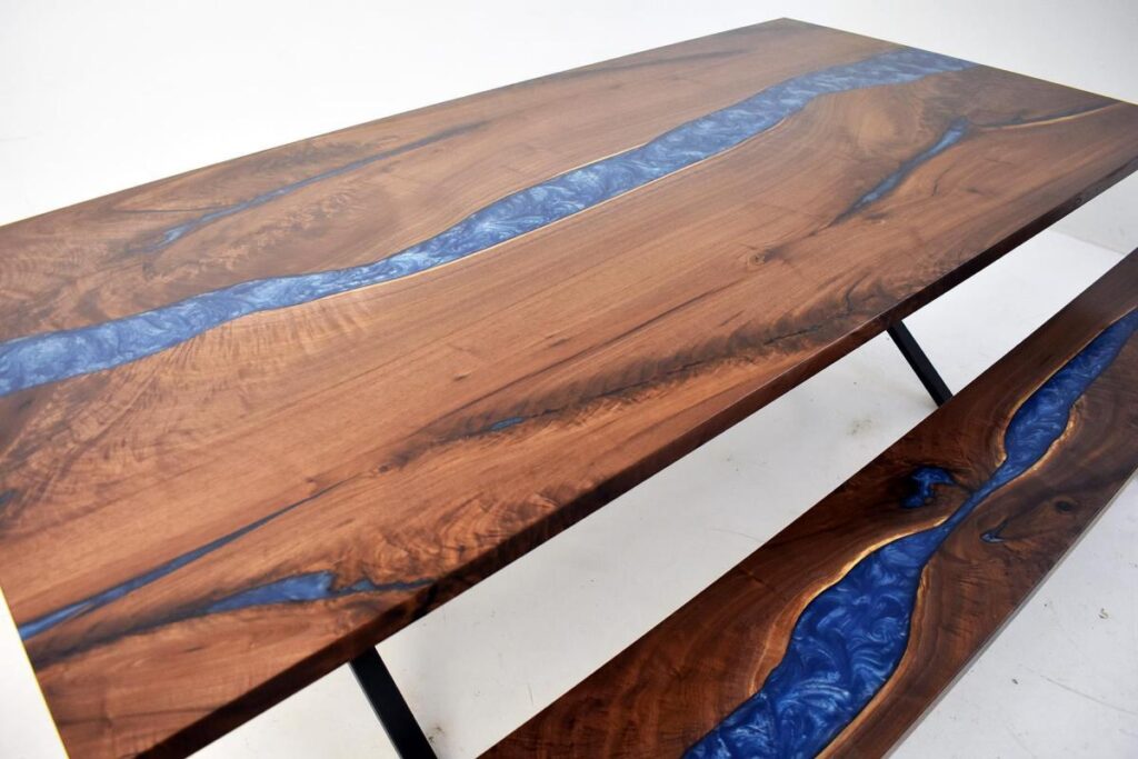 http://Blue%20Epoxy%20Resin%20River%20Custom%20Dining%20Bench%20&%20Table%202