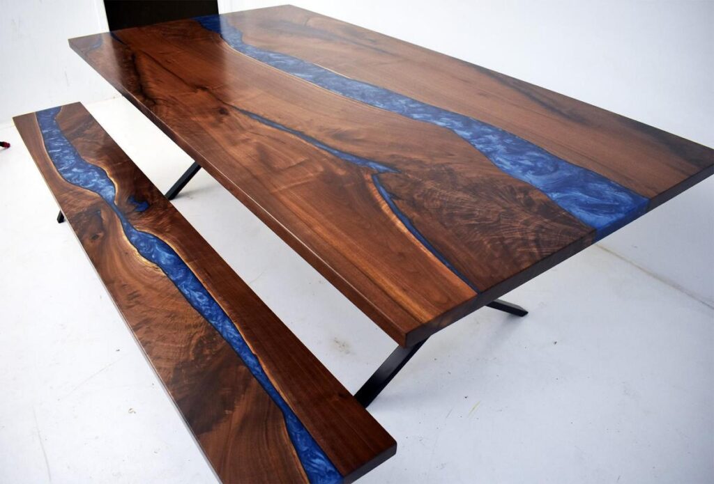 http://Blue%20Epoxy%20Resin%20River%20Custom%20Dining%20Bench%20&%20Table%201