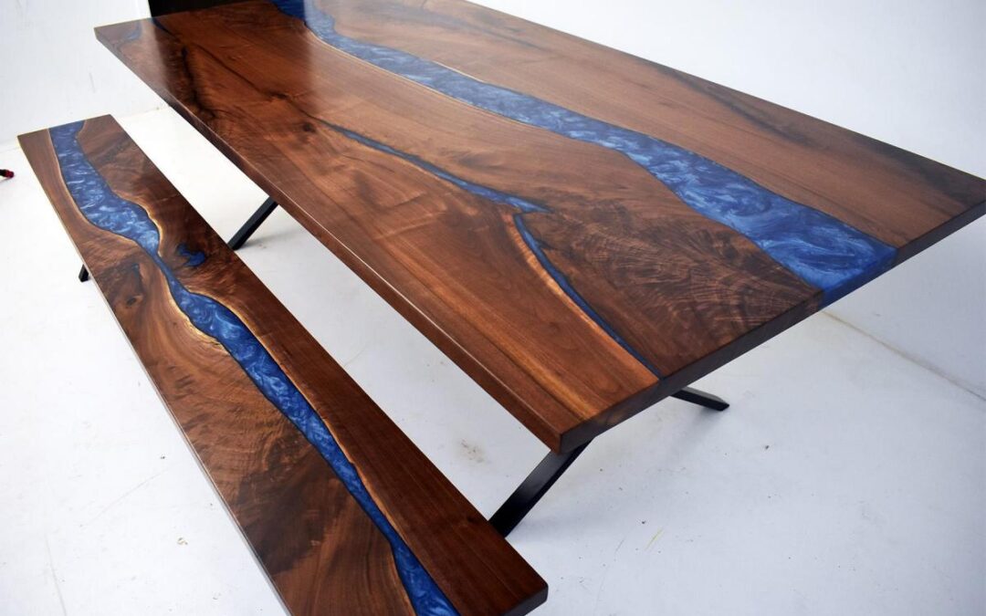 Blue Epoxy Resin River Custom Dining Bench & Table