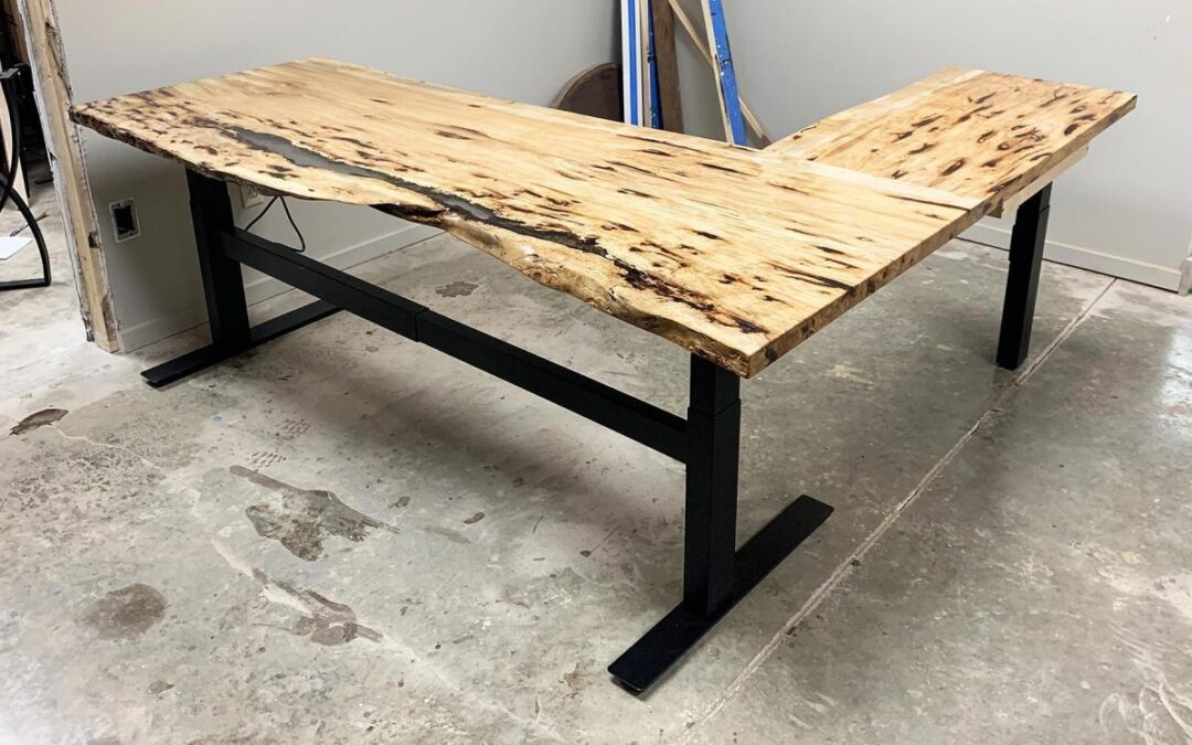 Live Edge Hickory Wood L-Shaped Adjustable Electric Standing/Sitting Desk