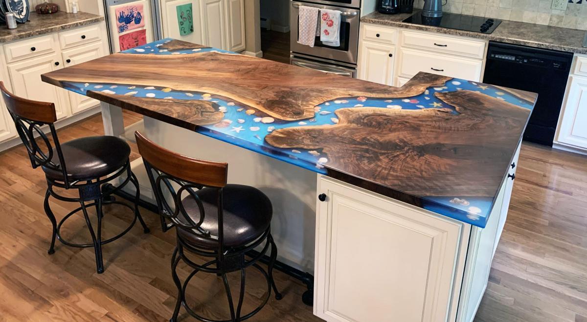 custom epoxy table with embedded seashells